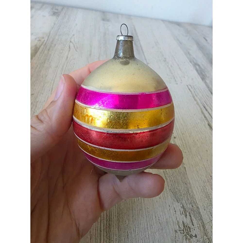 Vintage Japan teardrop rainbow AS IS striped gold pink ornament Xmas tree